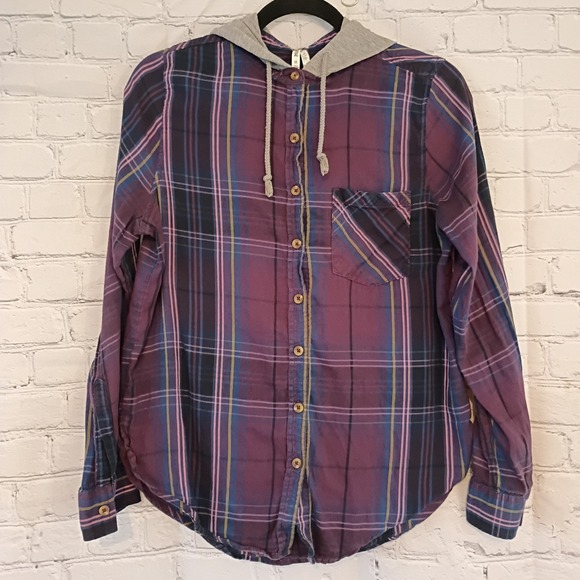 Mudd Tops - Womens MUDD Button Down Flannel Shirt With Hood Size Medium Purple Gray Y2K